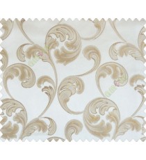Large scroll with beige brown flower with embossed look on half white cream shiny fabric main curtain
